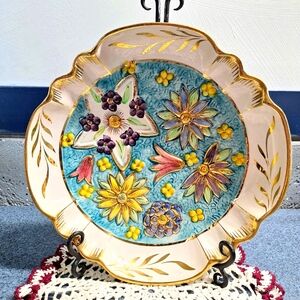 Vintage Ceramic H Bequet Quaregnon Hand Painted, Gold Plated Dish, #181
